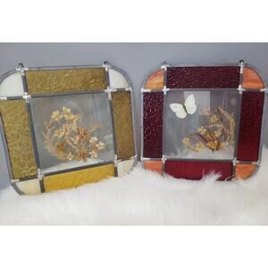 Vintage Real Butterfly Dried Pressed Flower Stained Glass Sun Catcher Decor Boho